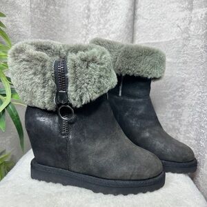 NEW ASH Yorki 100% Lamb Fur Wedge Leather Boots Black Women’s Sz EU 35